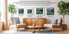 a living room with three framed pictures of a scenic mountain landscape, including a lake with boats, displayed on the wall. The room has two chairs and a coffee table, creating a cozy and inviting atmosphere.