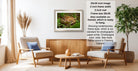 a living room with a framed photograph of a deer on the wall, a wooden coffee table, and two armchairs. The photograph is framed in a modern style, and the frame size is 28.38 inches wide. The photograph is ready to hang on the wall.