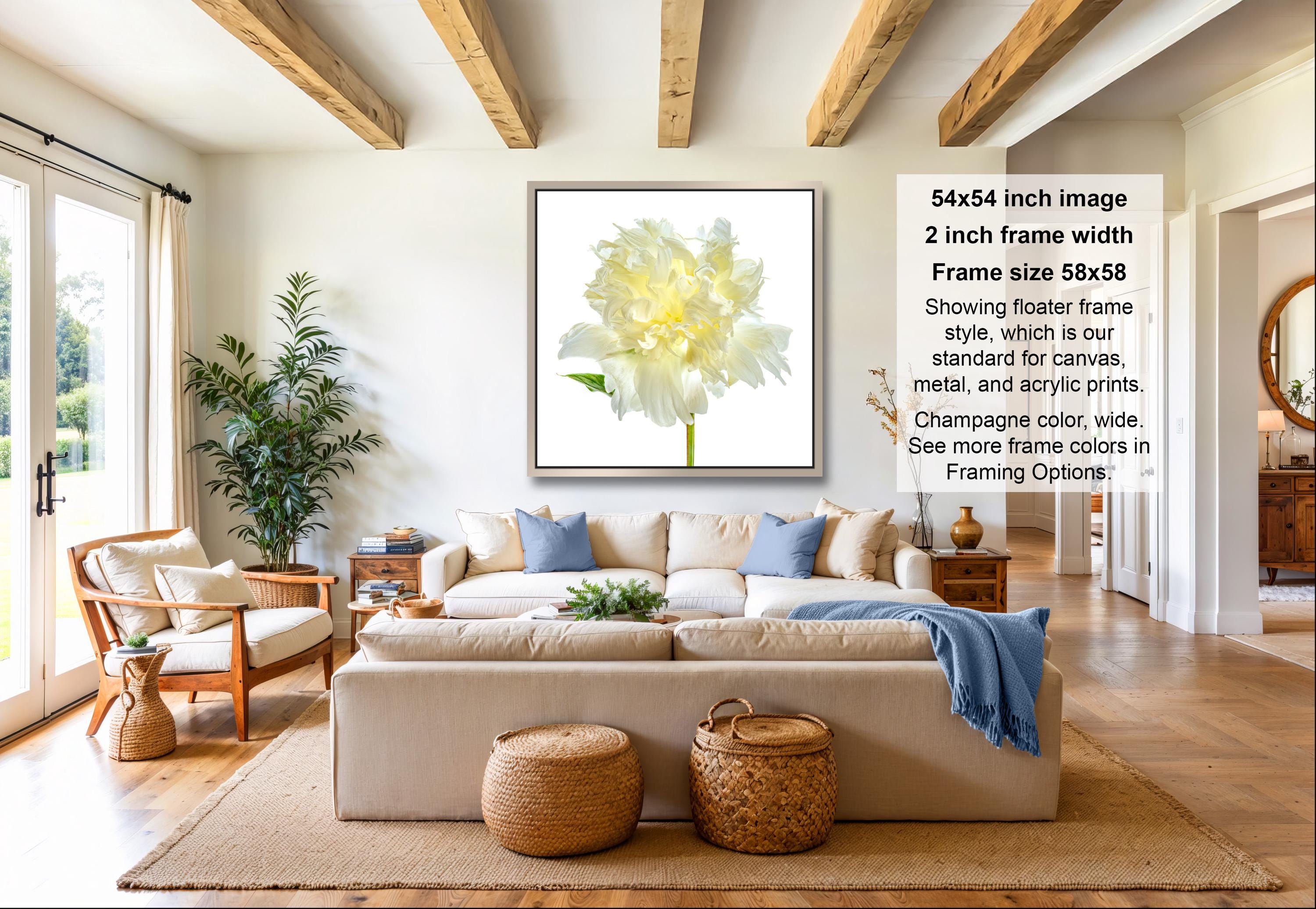 A living room with a large white flower in the center, a wooden floor, and a beige sofa. There is also a potted plant and a basket on the floor. The room has a window and a door, and there is a sign indicating the size and frame of the artwork.