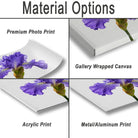 various types of print options for a purple iris flower, including a premium photo print, a gallery wrapped canvas, an acrylic print, and a metal/aluminum print.