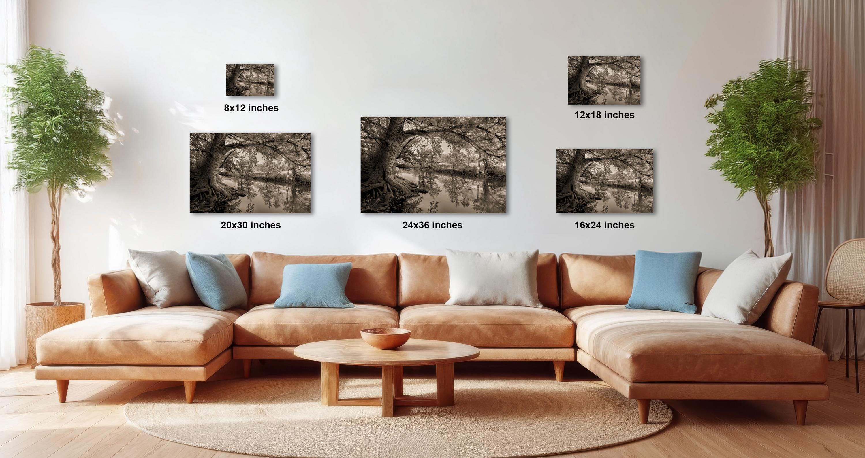 a modern living room with a large sectional sofa, a coffee table, and several potted plants. The sofa is positioned in front of a wall with three framed photographs of trees, each with a different size and resolution. The coffee table is placed in front of the sofa, creating a cozy and inviting atmosphere in the room.