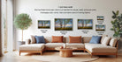 The image is a living room with a large sectional sofa and a coffee table. There are four framed landscape photographs of trees displayed on the wall, each with a different frame size ranging from 16.26 to 12.18 inches. The photographs are arranged in a grid-like pattern, showcasing the different frame widths.