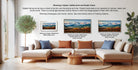 The image is a living room with a large couch and a coffee table, featuring three framed landscape paintings of mountains. The paintings are displayed in different frame styles, including a matured print and a floater frame, showcasing the versatility of the artwork.