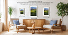 a living room with two chairs, a coffee table, and three framed landscape photographs hanging on the wall. The photographs are of varying frame sizes, with the largest one being 16.2 inches wide and the smallest one being 1 inch wide. The room has a modern and minimalist design, with a wooden floor and a potted plant adding a touch of greenery to the space.