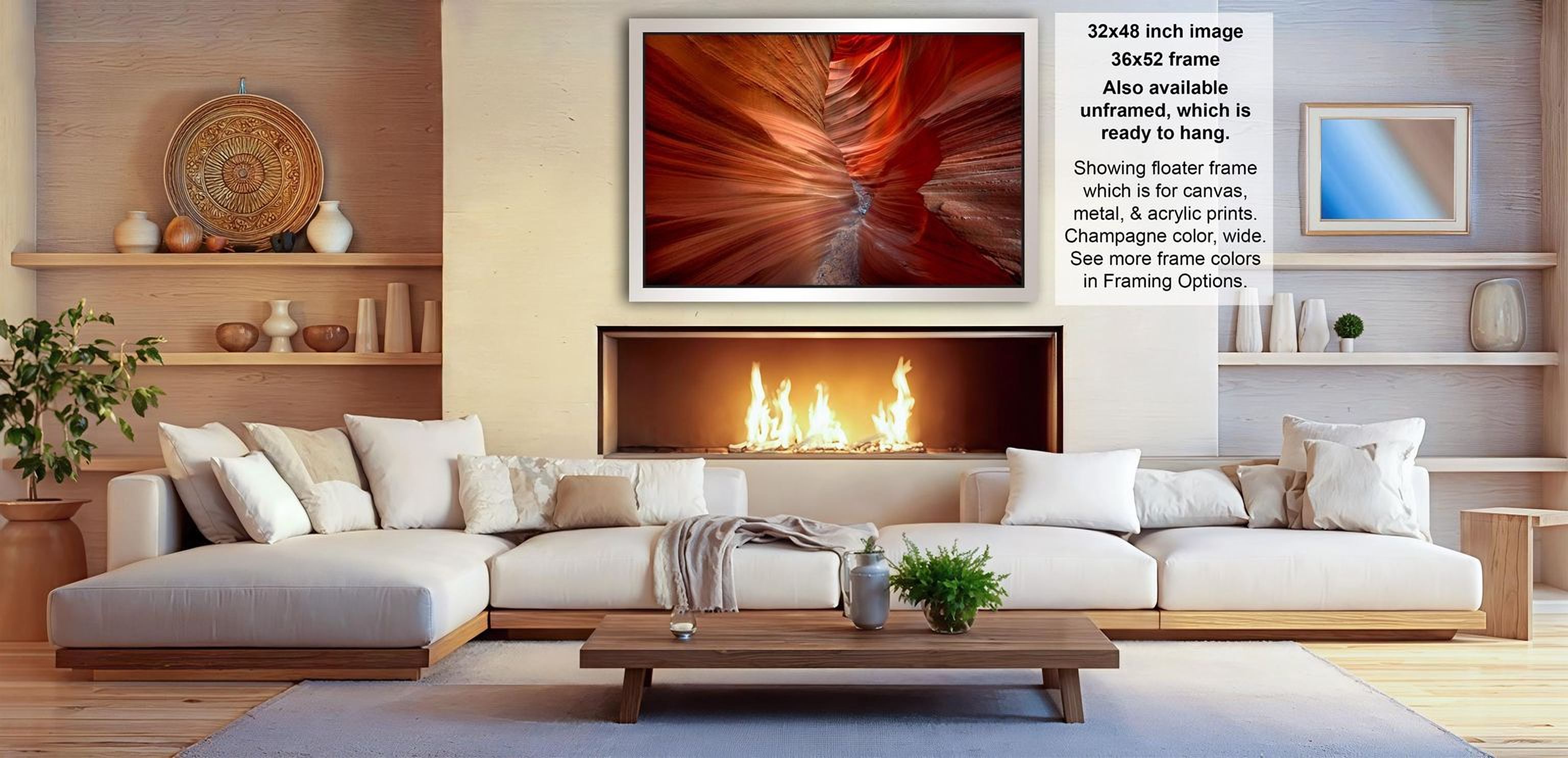 a cozy living room with a fireplace, white sofas, and various decorative elements such as vases and a potted plant.