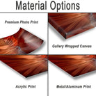 various types of printed materials, including a premium photo print, a gallery wrapped canvas, an acrylic print, and a metal/aluminum print.