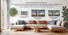 a living room with a large sectional sofa, a coffee table, and a potted plant. There are three framed prints displayed on the wall, each with a different frame style and size. The text provides information about the different frame styles and sizes available for the framed prints.
