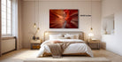 a modern bedroom with a large bed, wooden furniture, and a striking red abstract painting hanging above it.