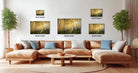 The image is a modern living room with a large sectional sofa, a coffee table, and several potted plants. The wall is decorated with three framed photographs of a forest scene, each with a different size and resolution.
