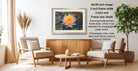 a cozy living room with a wooden coffee table, two beige armchairs, and a framed photograph of a pink lotus flower on the wall. The photograph is framed in a wooden frame with a white mat, and the frame size is 34x46. The photograph is showing contemporary frame style, which is our standard for photographing paper prints. The champagne color, wide. See more frame colors in Framing Options.