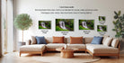 a living room with a large sectional sofa, a coffee table, and a potted plant. There are three framed pictures of waterfalls displayed on the wall, each with a different frame size ranging from 16.26 to 20.30 inches.