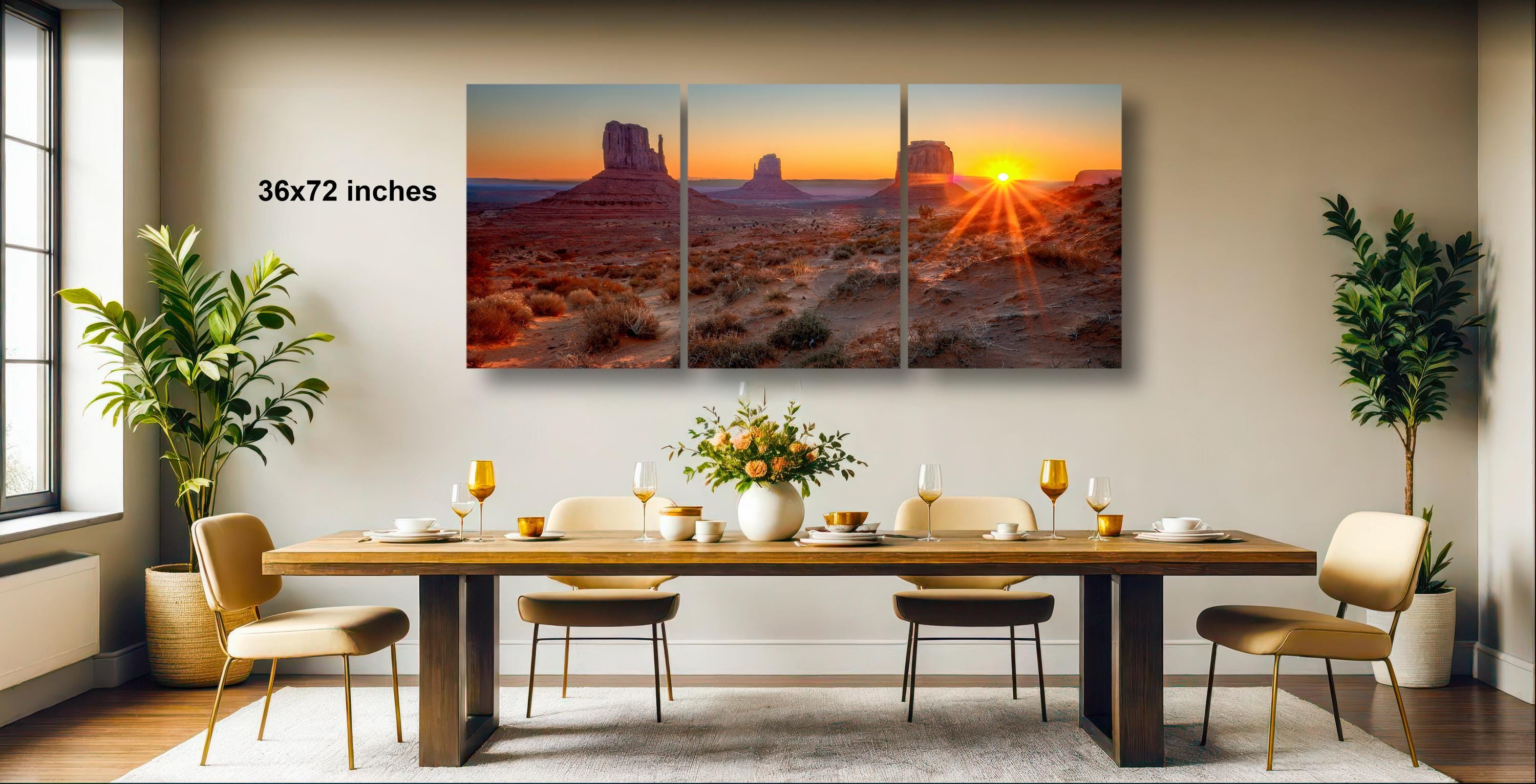 The image is a modern dining room with a large, three-panel landscape painting depicting a desert scene at sunset. The painting is hung on the wall above a wooden dining table set with wine glasses, plates, and a vase of flowers.