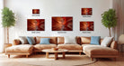 a modern living room with a large sectional sofa, a coffee table, and several potted plants. The walls are decorated with three framed photographs of abstract red and orange designs, each with a different size and resolution.