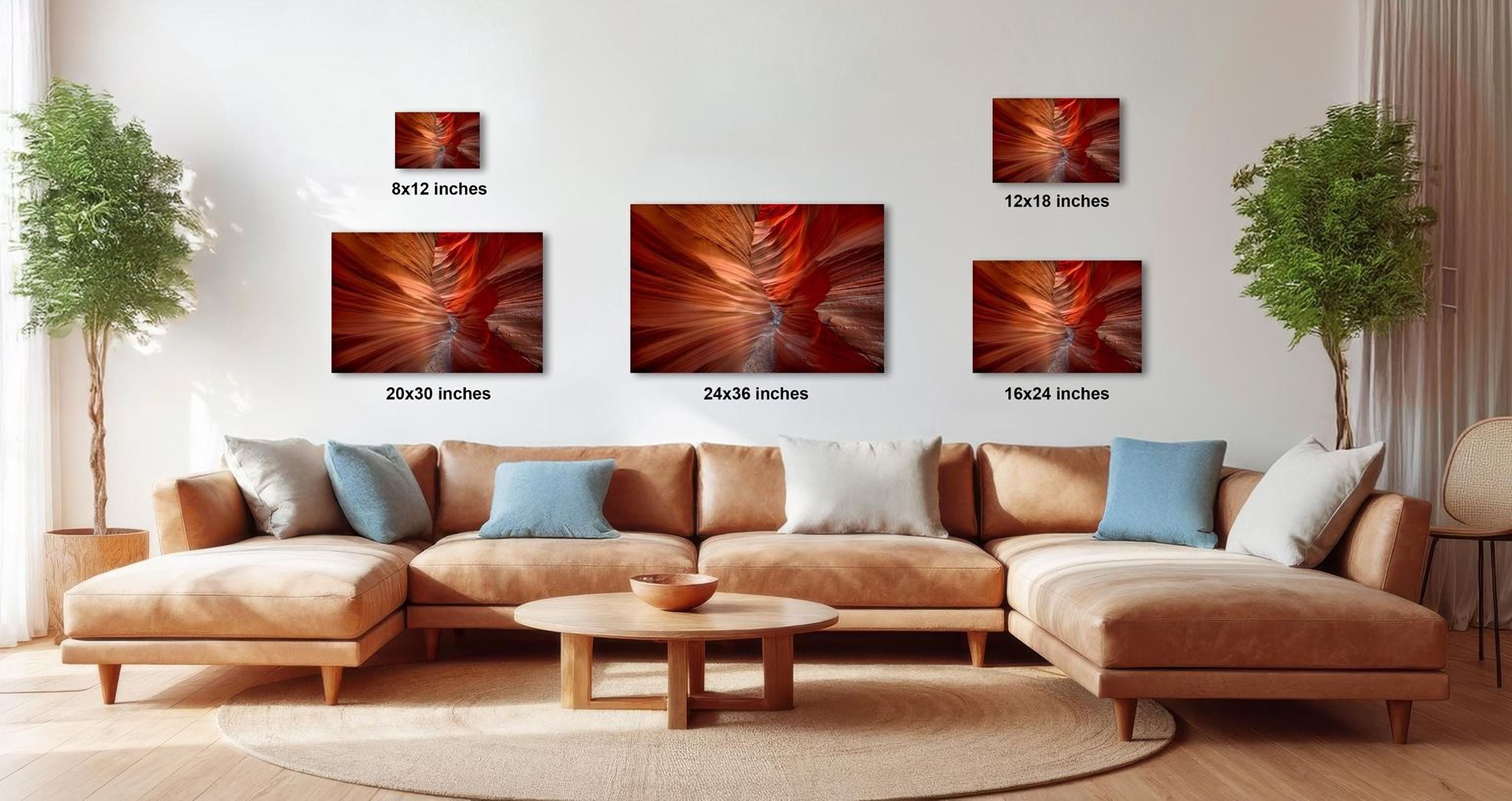 a modern living room with a large sectional sofa, a coffee table, and several potted plants. The walls are decorated with three framed photographs of abstract red and orange designs, each with a different size and resolution.