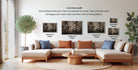 a modern living room with a large sectional sofa, a coffee table, and a potted plant. The wall behind the furniture features three framed artworks of varying sizes, including a 1-inch frame, a 24-inch frame, and a 20-inch frame. The artworks depict abstract designs in black and white, with a champagne color palette.