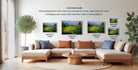 a living room with a large sectional sofa, a coffee table, and a potted plant. There are four framed landscape photographs displayed on the wall, each with a different frame size ranging from 16.26 to 20.30 inches. The photographs depict various scenic outdoor landscapes, such as mountains, fields, and forests.