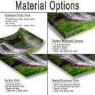 The image is a collage of three different types of photo prints, each showcasing a different material option for printing a landscape photograph. The options include a premium photo print, a gallery wrapped canvas, and an acrylic print.