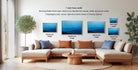 a living room with a large sectional sofa and a coffee table. There are four framed landscape paintings displayed on the wall, each with a different frame size ranging from 16.24 to 20.30 inches. The paintings depict various scenic landscapes, including mountains and a blue sky.