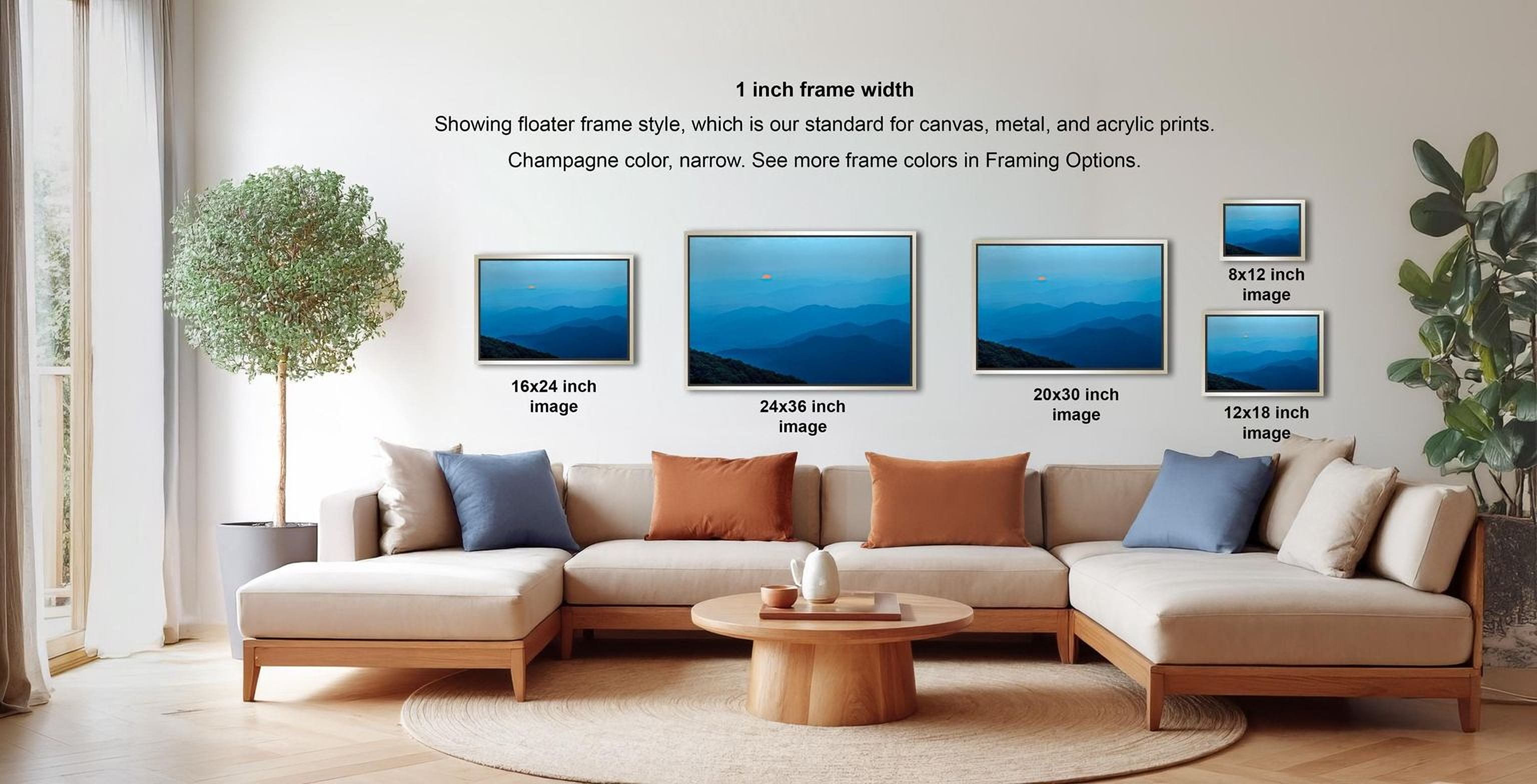 a living room with a large sectional sofa and a coffee table. There are four framed landscape paintings displayed on the wall, each with a different frame size ranging from 16.24 to 20.30 inches. The paintings depict various scenic landscapes, including mountains and a blue sky.