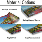 various types of printed materials, including a premium photo print, a gallery wrapped canvas, an acrylic print, and a metal/aluminum print.