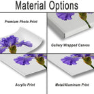 various types of print options for a purple iris flower, including a premium photo print, a gallery wrapped canvas, an acrylic print, and a metal/aluminum print.