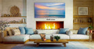 a cozy living room with a fireplace, a wooden coffee table, and comfortable seating arrangements.