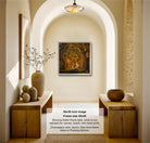 a serene hallway with a wooden archway leading to a path lined with trees. The hallway is decorated with various objects, including a vase with flowers, a bowl, and a sculpture. The image is a 36-36-inch square photograph with a frame size of 40x40, showing a flatter frame style that is our standard for canvas, acrylic, and metal prints. The frame colors are limited to the colors of the frame, which are not described.