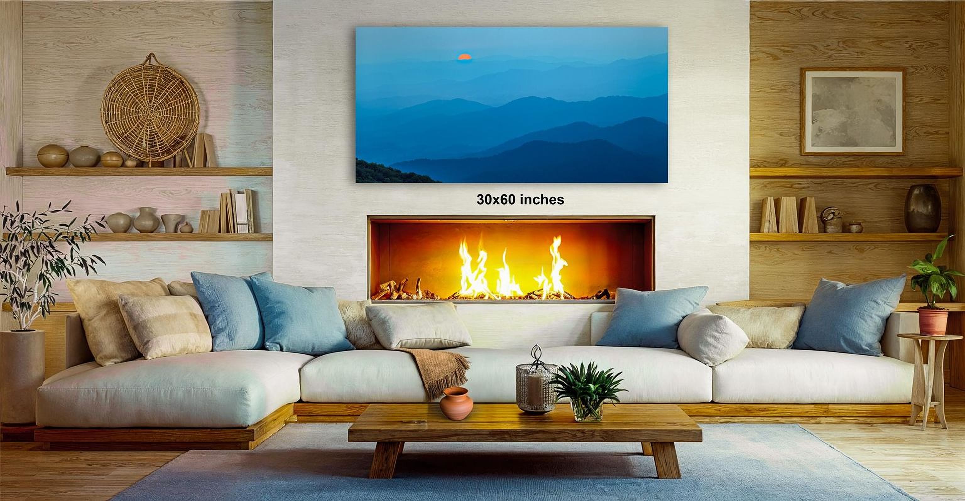 a cozy living room with a fireplace, a wooden coffee table, and comfortable seating arrangements.