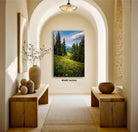 a serene and inviting hallway with a large painting of a lush green field and trees hanging on the wall, creating a peaceful and natural atmosphere.