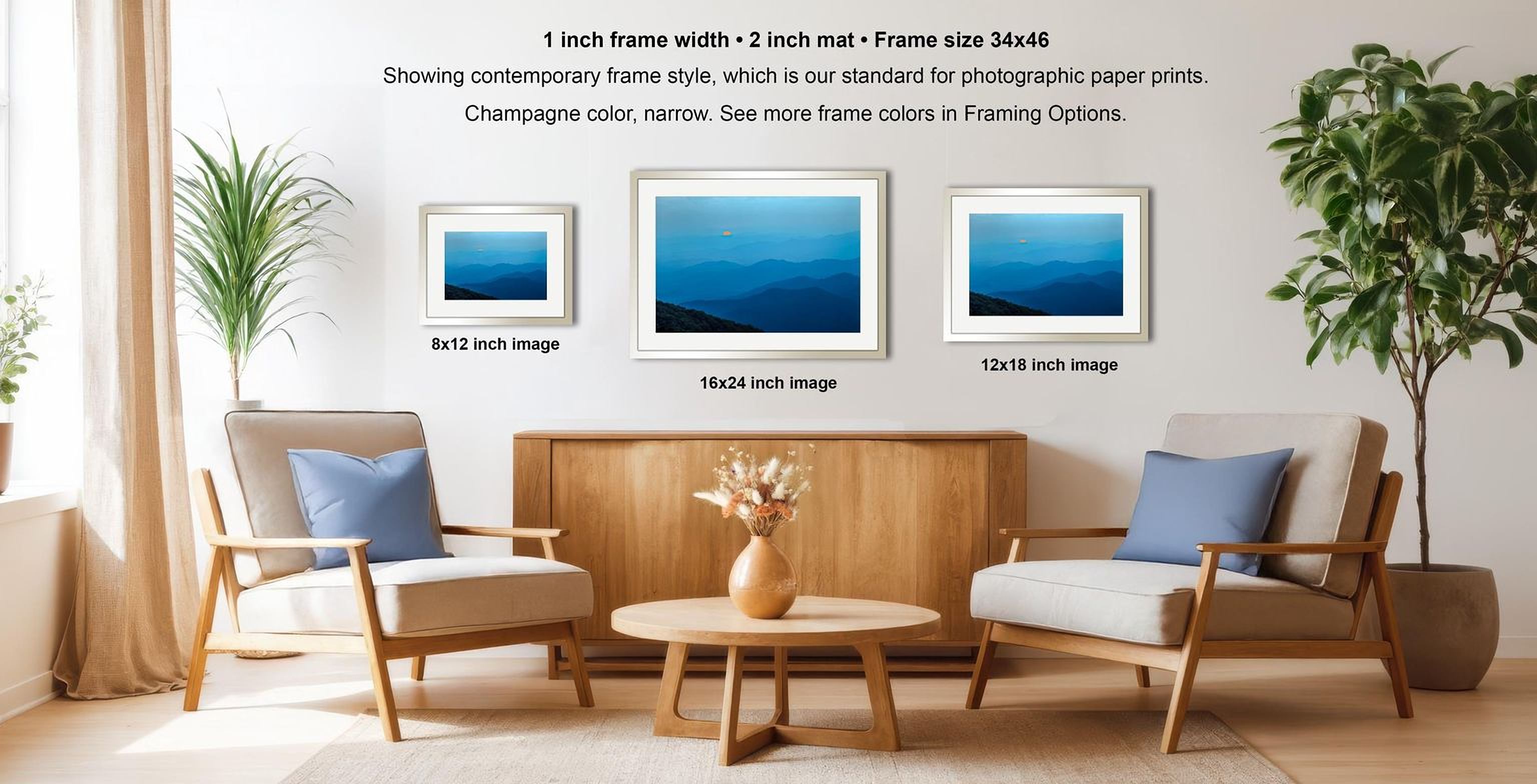a living room with a wooden coffee table, two chairs, and a potted plant. There are three framed pictures of landscapes hanging on the wall, with varying frame sizes and styles.