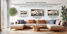 a living room with a large sectional sofa, a coffee table, and a potted plant. There are three framed prints displayed on the wall, each with a different frame style and size. The text provides information about the different frame styles and sizes, including the mat print and floater frame.