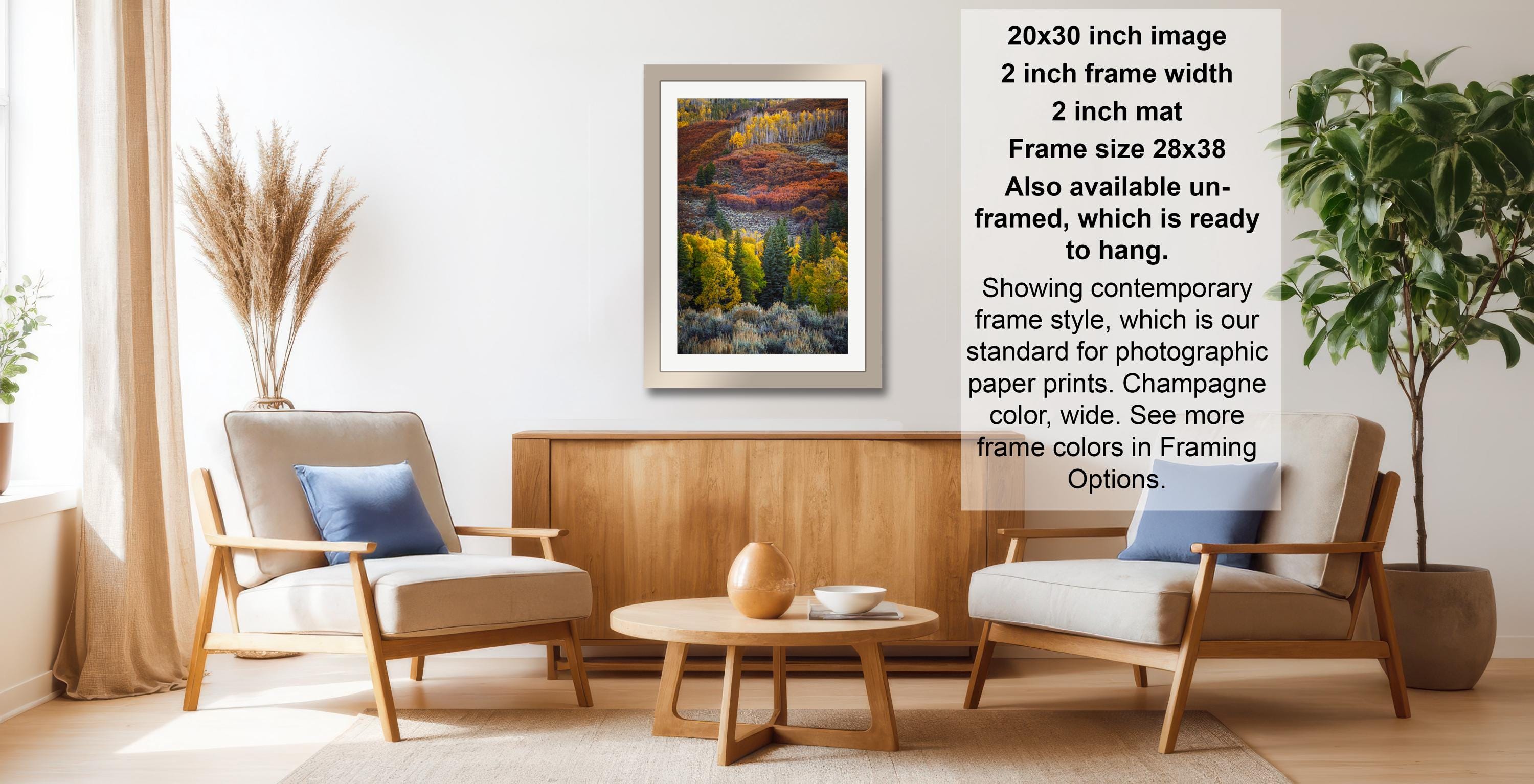 a living room with a framed landscape photograph hanging on the wall, a wooden coffee table in the center, and two chairs facing each other.