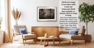 The image is a living room with two chairs, a coffee table, and a framed photograph on the wall. The photograph has a black and white, wood grain, and textured appearance. The frame size is 28.38 inches wide and 2 inches tall, and it is ready to hang. The living room has a modern and minimalist design, with a wooden floor and a white wall.