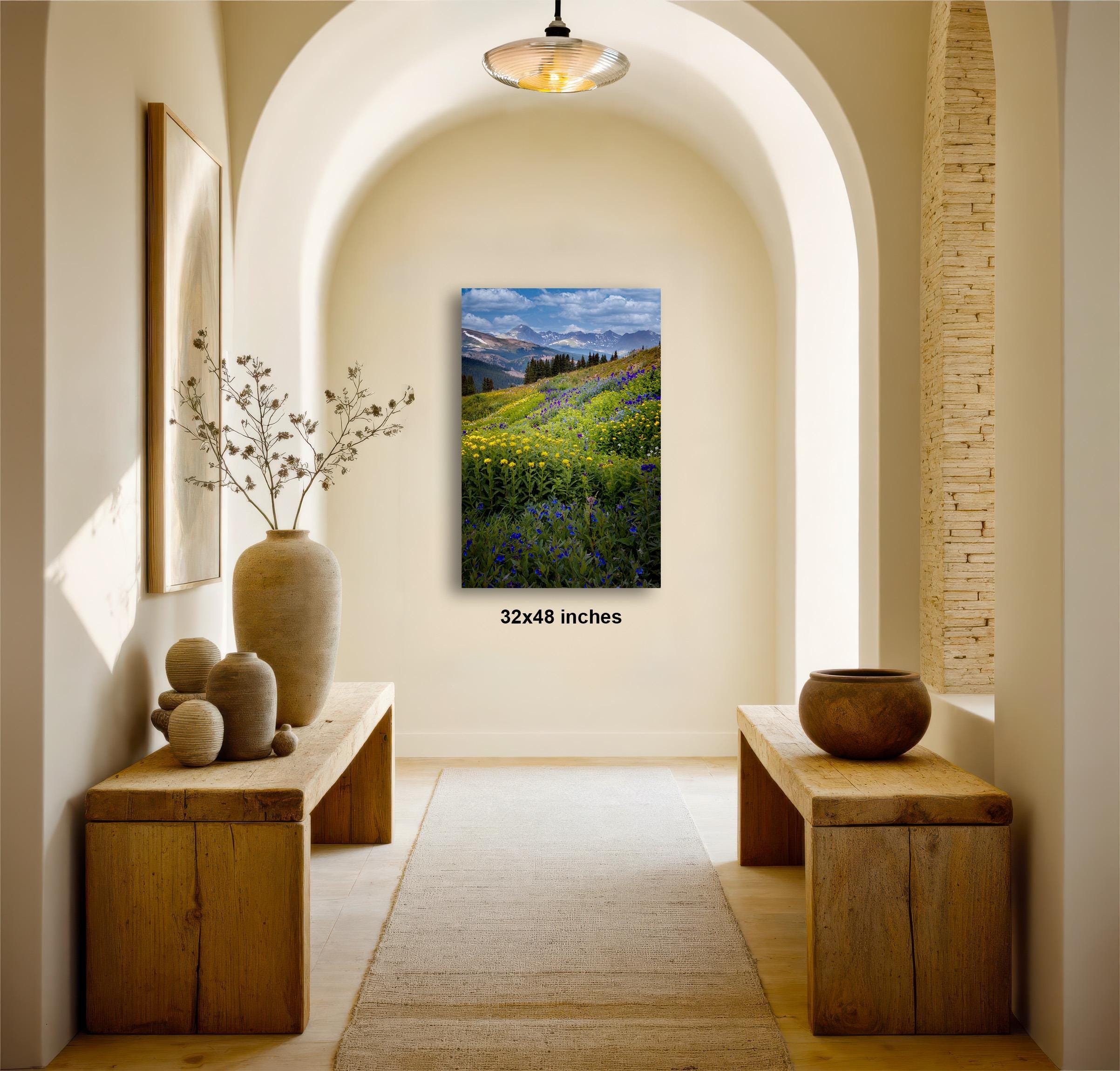 a serene and inviting hallway with a large painting of a lush green field and mountains in the background, creating a sense of tranquility and natural beauty.