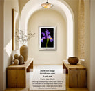 The image is a framed photograph of a purple iris flower, hanging on a wall in a room with wooden furniture and decorative items.