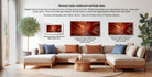 a modern living room with a large sectional sofa, a coffee table, and a potted plant. The sofa is framed in a matte print and floater frame, and there are three framed prints displayed on the wall. The text provides information about the different frame styles and sizes available for the framed prints.