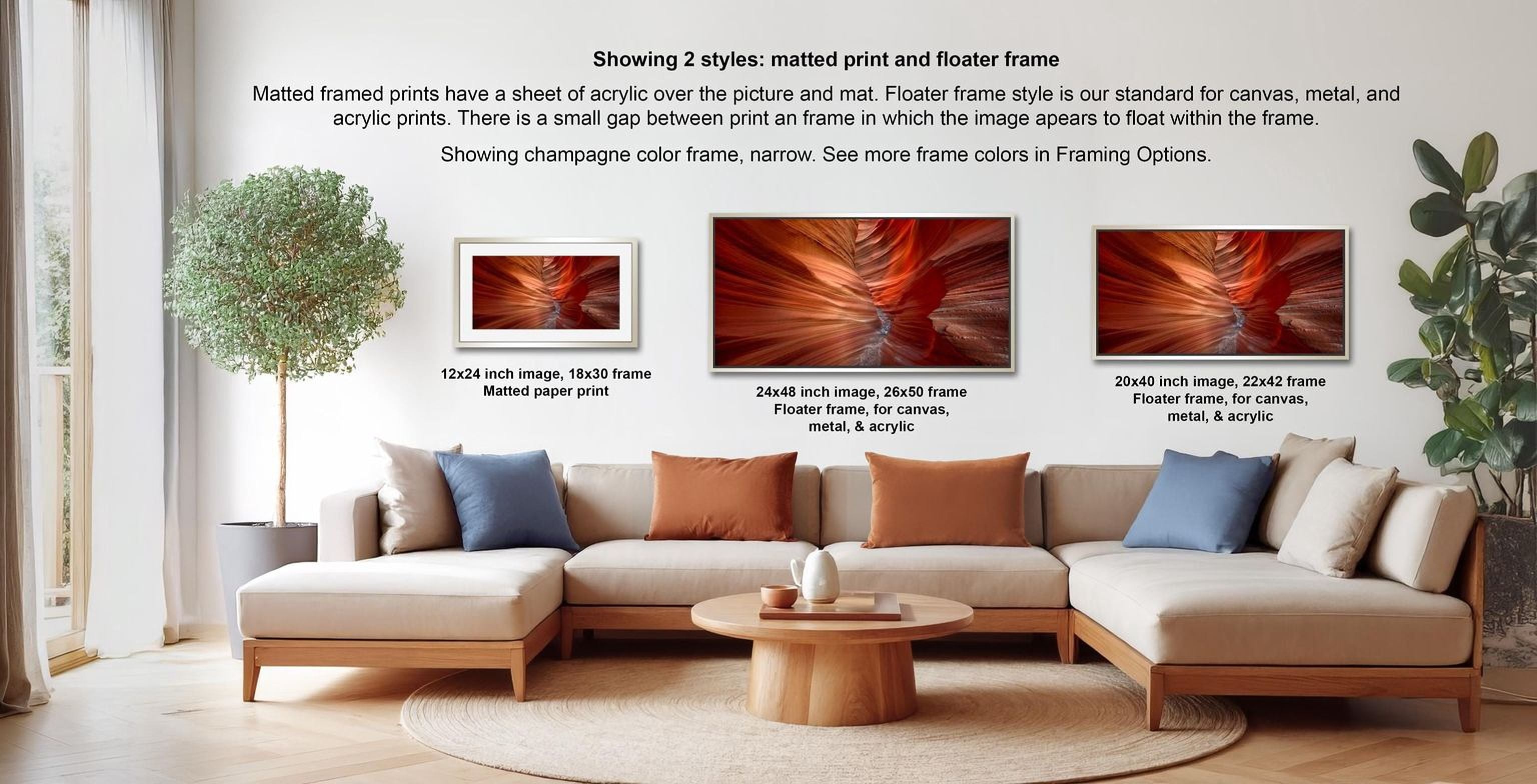 a modern living room with a large sectional sofa, a coffee table, and a potted plant. The sofa is framed in a matte print and floater frame, and there are three framed prints displayed on the wall. The text provides information about the different frame styles and sizes available for the framed prints.