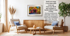 a cozy living room with a wooden coffee table, two beige armchairs, and a framed picture of a red bridge. The room is decorated with potted plants and a vase, creating a warm and inviting atmosphere.