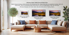 a living room with a large, comfortable couch and a coffee table. There are three framed prints displayed on the wall, each with a different frame style and size. The text provides information about the framed prints, including their sizes and frame styles.