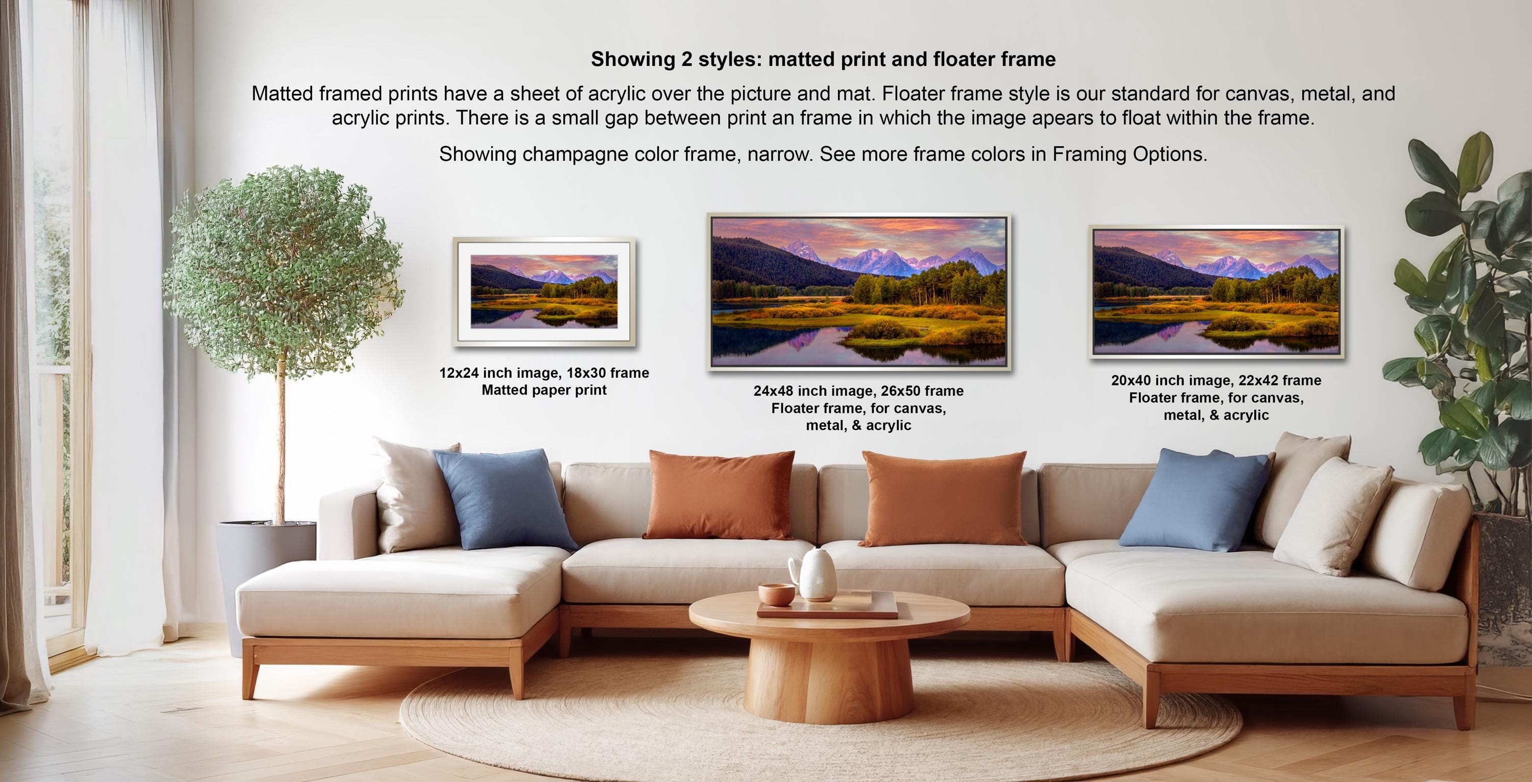 a living room with a large, comfortable couch and a coffee table. There are three framed prints displayed on the wall, each with a different frame style and size. The text provides information about the framed prints, including their sizes and frame styles.