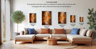 a living room with a large sectional sofa, a coffee table, and various framed artworks displayed on the wall.