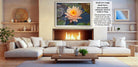 a cozy living room with a fireplace, white sofas, and a coffee table. The room has a warm and inviting atmosphere, with a large framed photograph of a water lily on the wall and a fireplace with a fire burning.