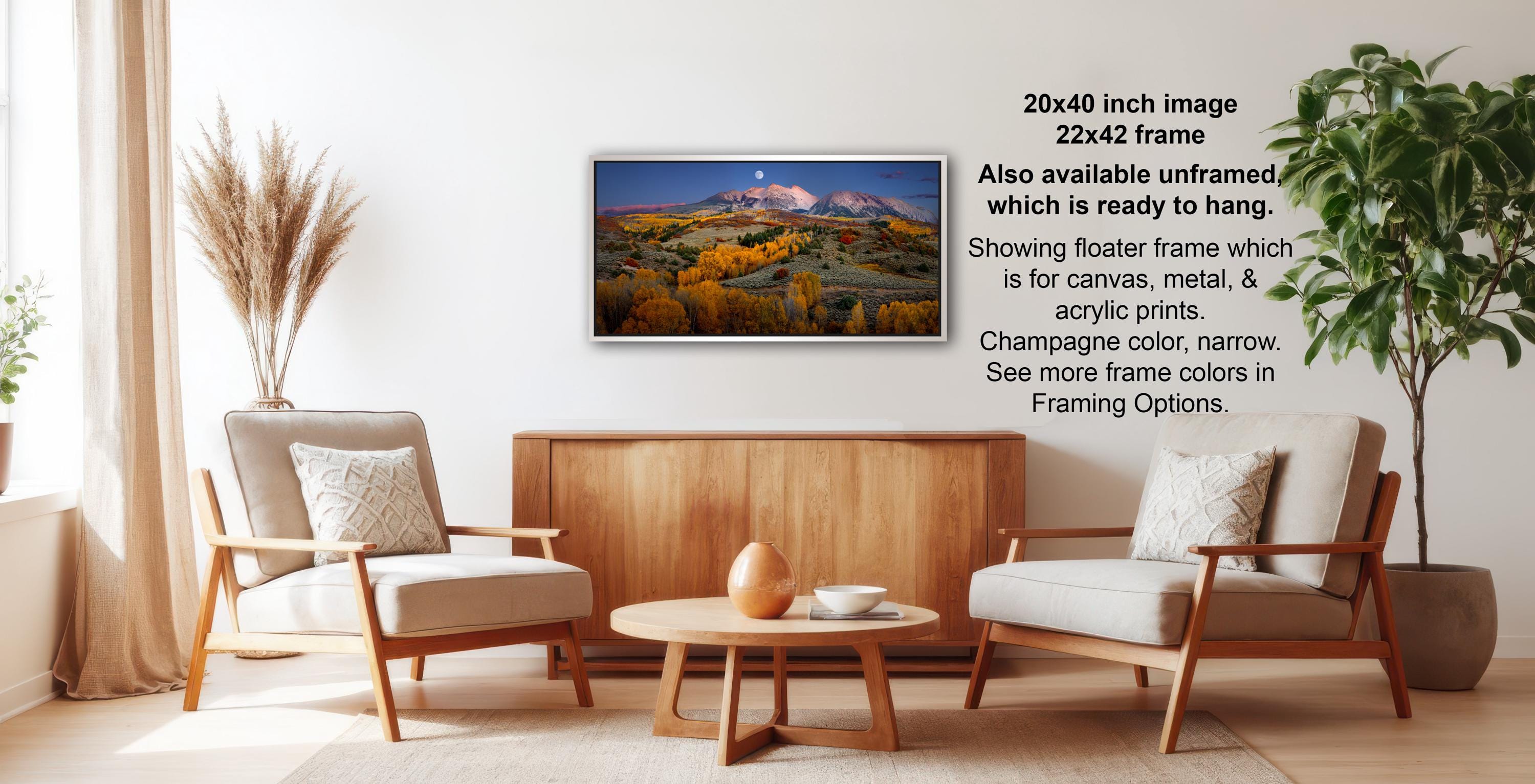 a living room with a wooden coffee table, two white armchairs, and a potted plant. Above the coffee table, there is a framed landscape photograph hanging on the wall.