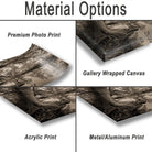 The image is a collage of four different print options for a landscape photograph, including a premium photo print, a gallery wrapped canvas, an acrylic print, and a metal/aluminum print.