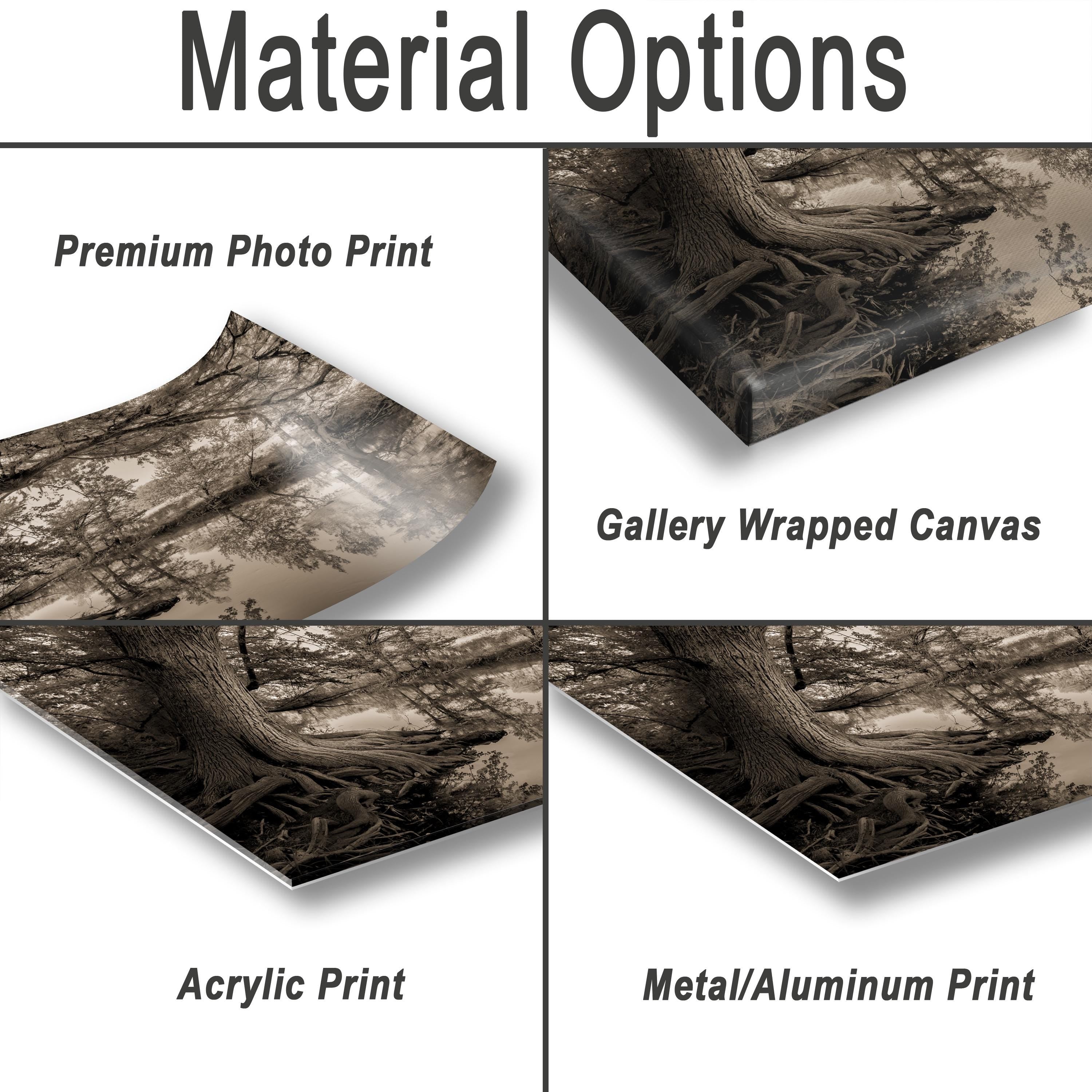 The image is a collage of four different print options for a landscape photograph, including a premium photo print, a gallery wrapped canvas, an acrylic print, and a metal/aluminum print.
