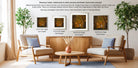a living room with three framed pictures of a forest scene, including a path and trees, arranged on a wooden cabinet. The room has two armchairs and a coffee table, and there are potted plants and a vase on display.