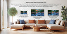 a living room with a large sectional sofa, a coffee table, and a potted plant. There are three framed prints displayed on the wall, each with a different frame style and size. The text provides information about the framed prints, including their sizes and frame styles.