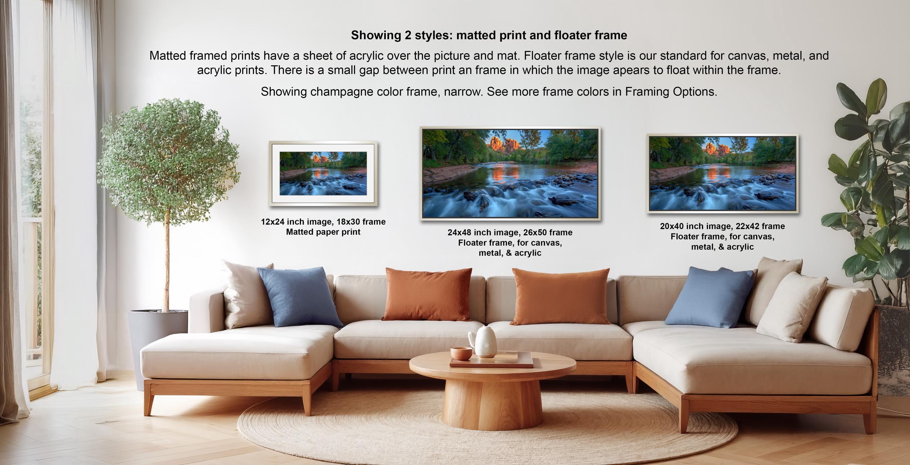 a living room with a large sectional sofa, a coffee table, and a potted plant. There are three framed prints displayed on the wall, each with a different frame style and size. The text provides information about the framed prints, including their sizes and frame styles.