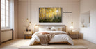 a serene bedroom with a large bed, wooden furniture, and a painting of a forest scene hanging on the wall.