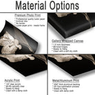The image is a collage of four different types of printed materials, including a premium photo print, a gallery wrapped canvas, an acrylic print, and a metal/alum print.